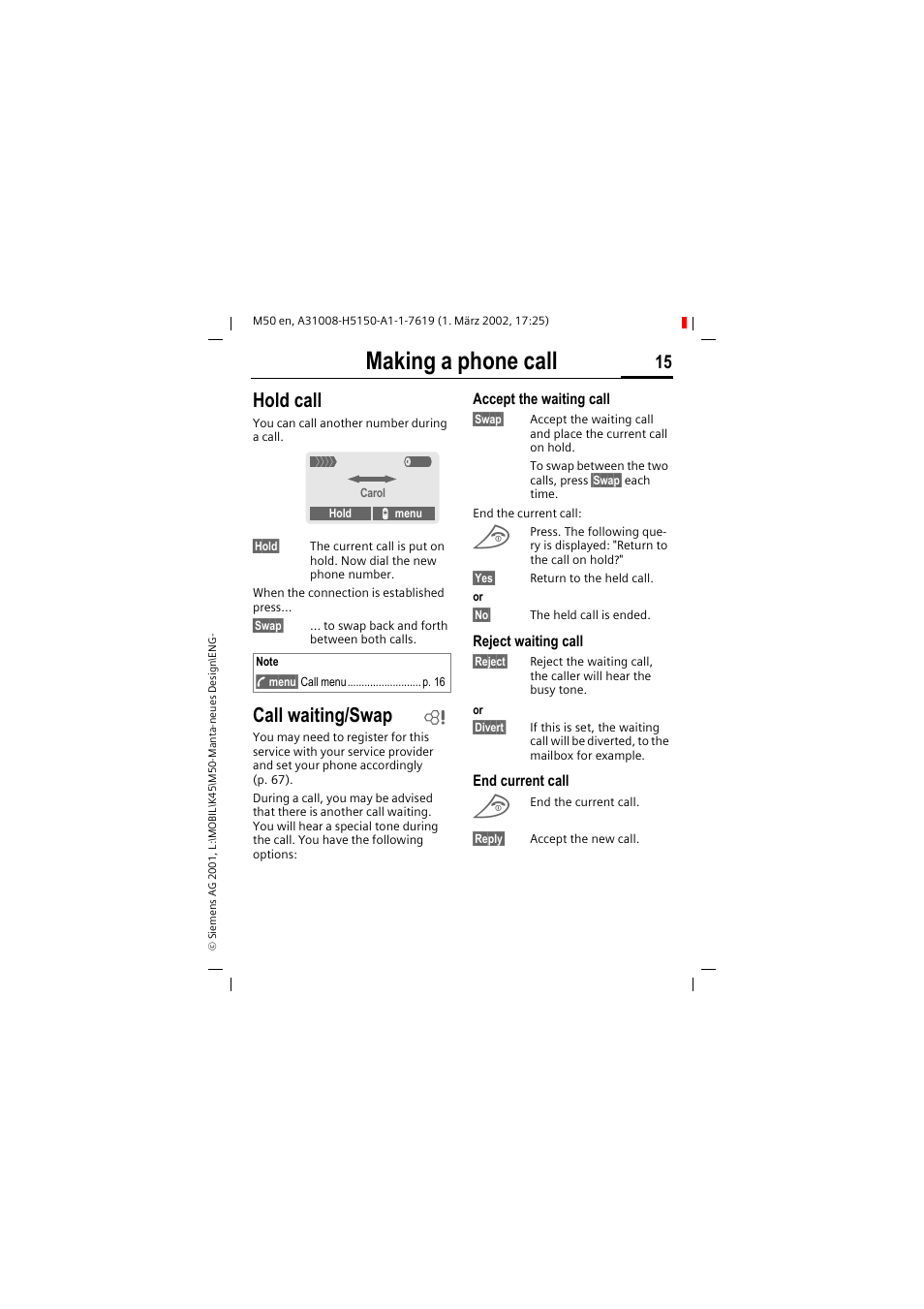 Making a phone call, Hold call, Call waiting/swap | Siemens M50 User Manual | Page 17 / 96