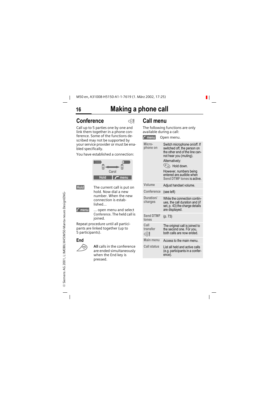 Making a phone call, Conference, Call menu | Siemens M50 User Manual | Page 18 / 96