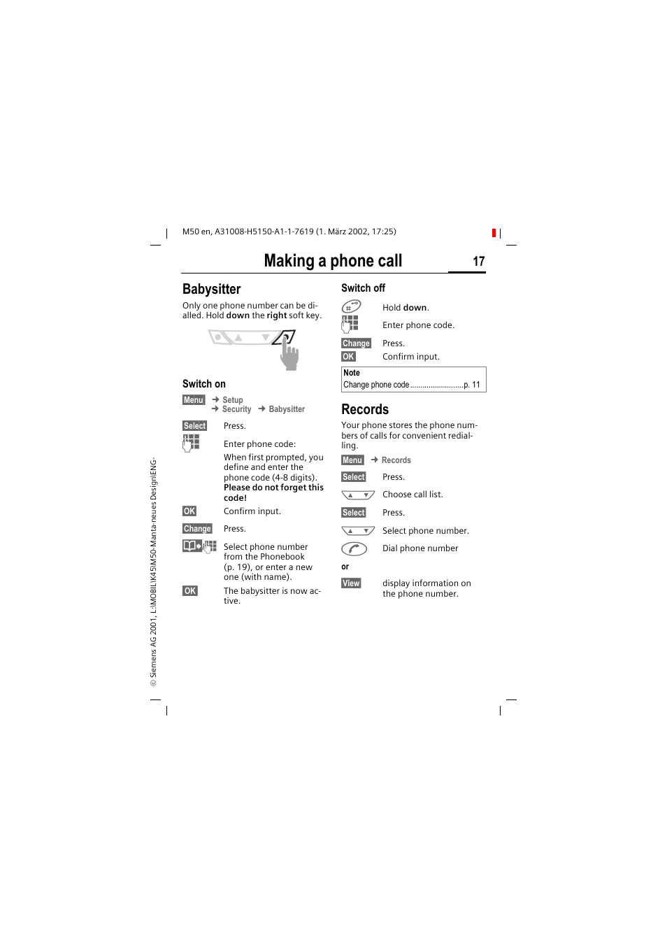 Making a phone call, Babysitter, Records | Siemens M50 User Manual | Page 19 / 96