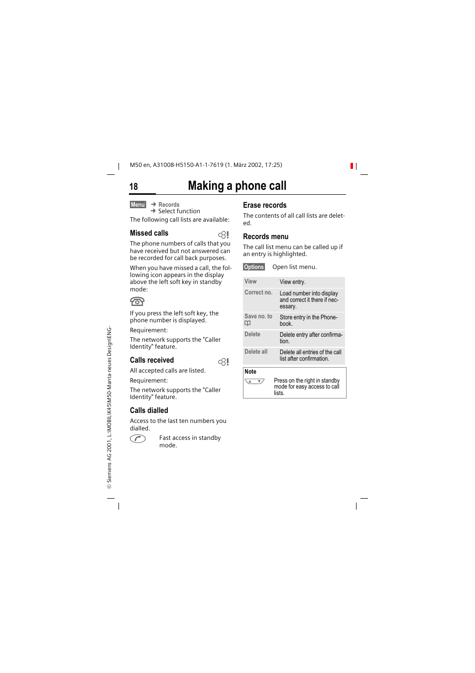 Making a phone call | Siemens M50 User Manual | Page 20 / 96