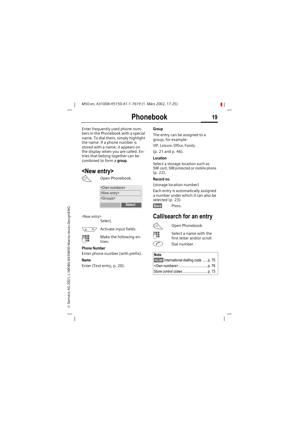Phonebook, New entry, Call/search for an entry | Siemens M50 User Manual | Page 21 / 96