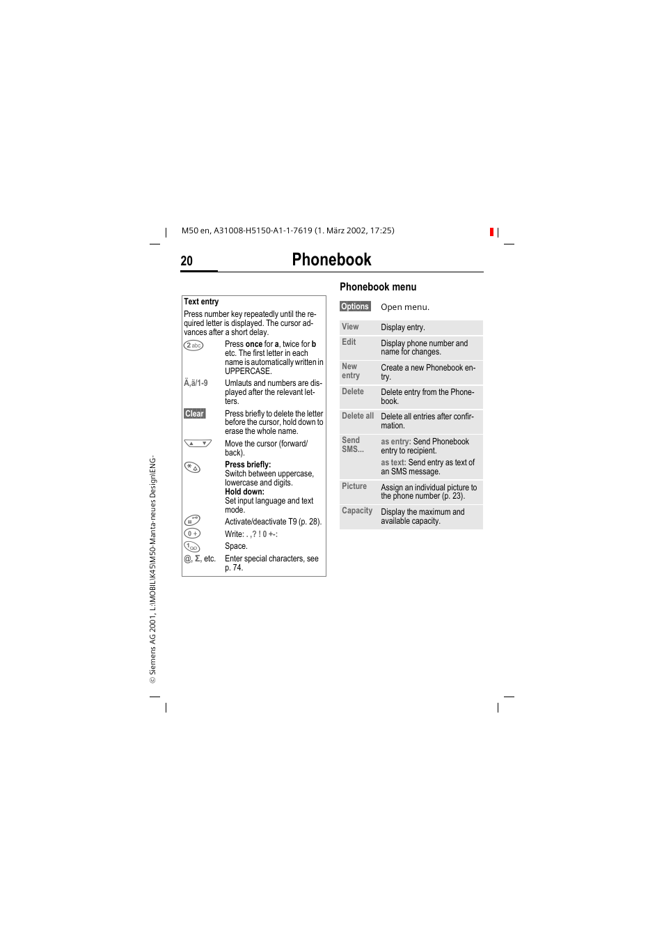 Phonebook | Siemens M50 User Manual | Page 22 / 96