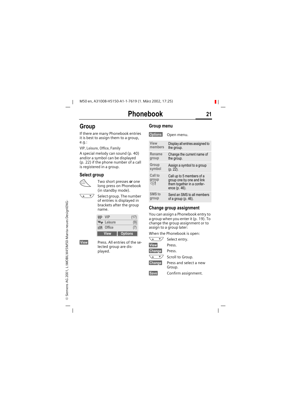 Phonebook, Group | Siemens M50 User Manual | Page 23 / 96