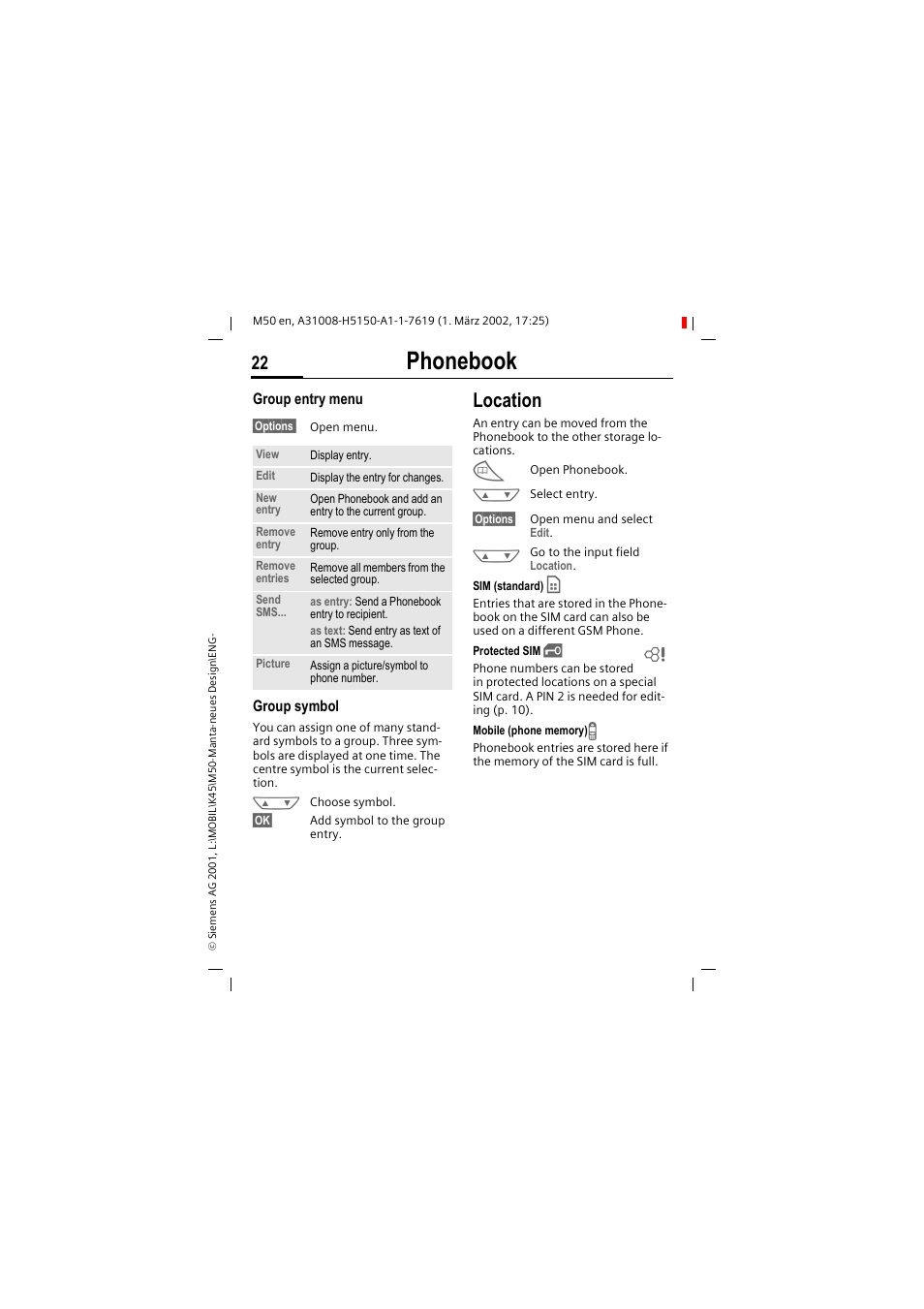 Phonebook, Location | Siemens M50 User Manual | Page 24 / 96