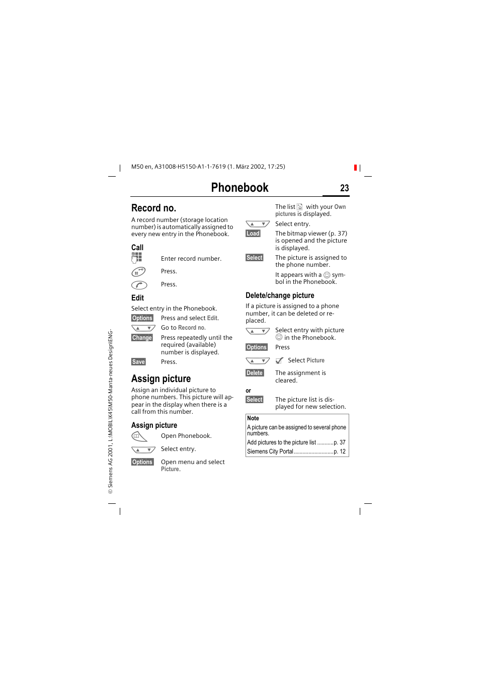 Phonebook, Record no, Assign picture | Siemens M50 User Manual | Page 25 / 96