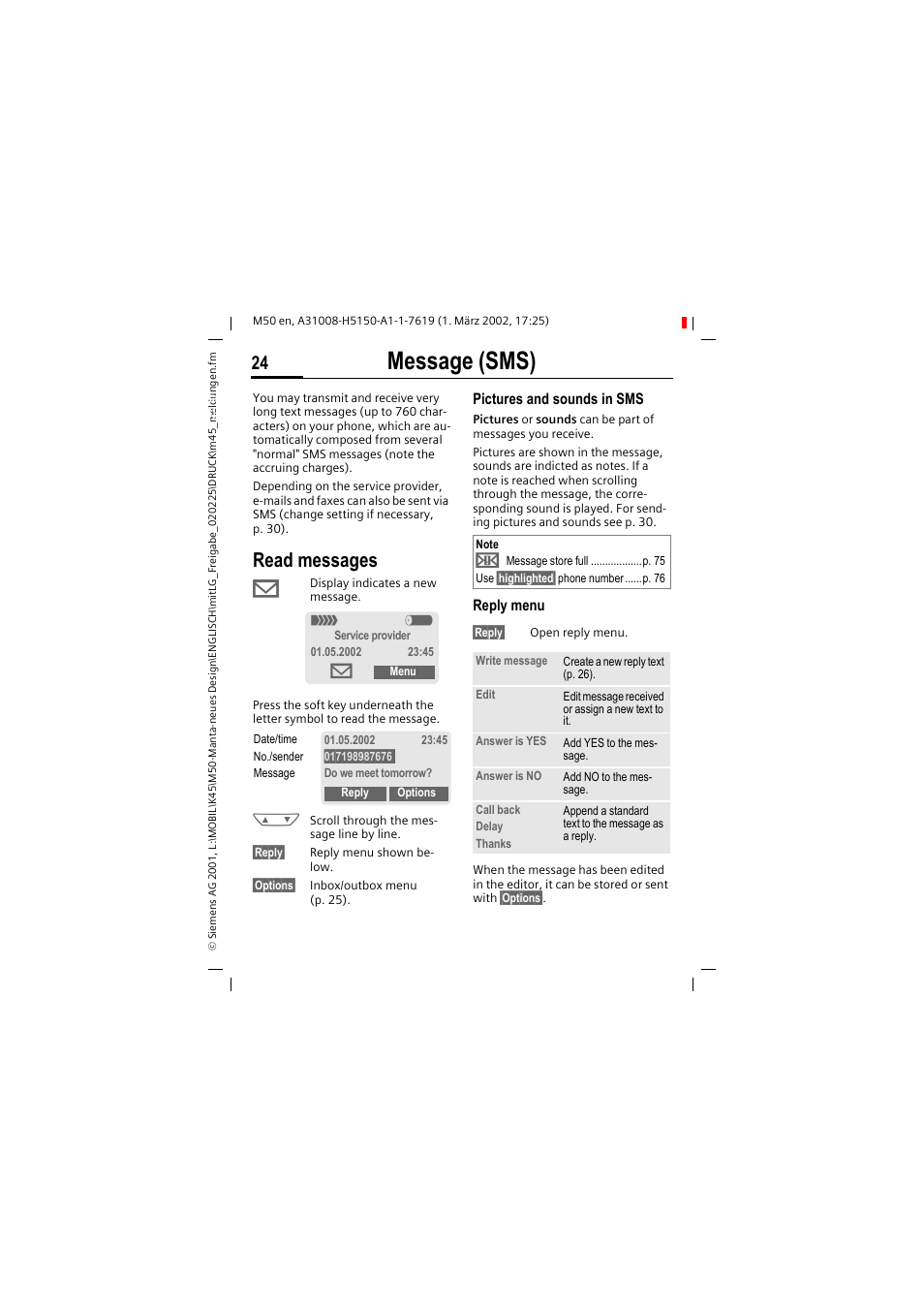 Message (sms), Read messages | Siemens M50 User Manual | Page 26 / 96