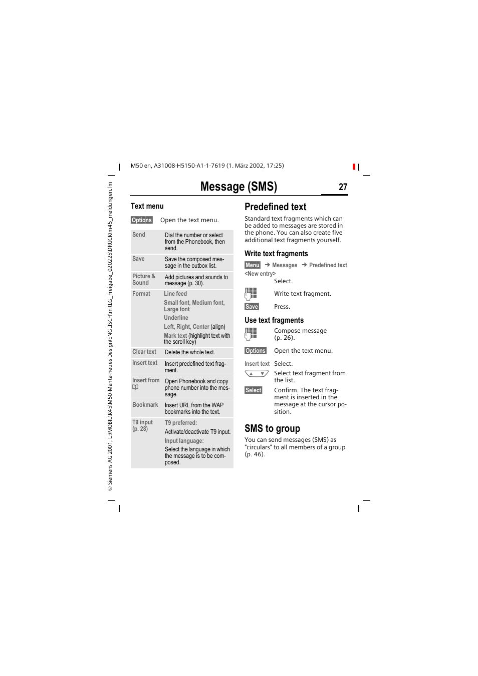 Message (sms), Predefined text, Sms to group | Siemens M50 User Manual | Page 29 / 96