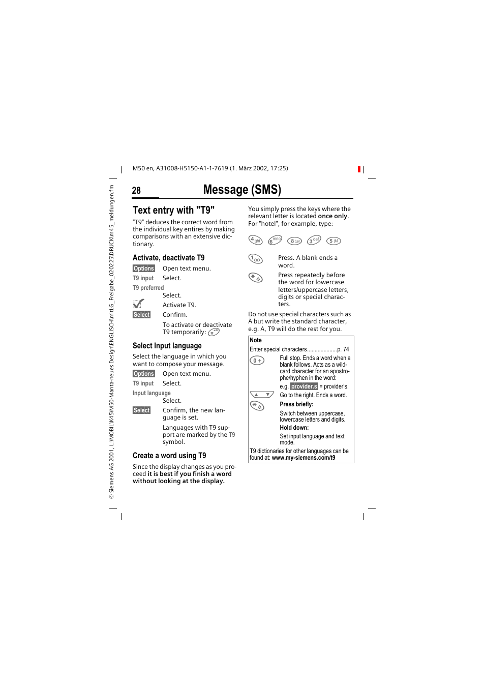 Message (sms), Text entry with "t9 | Siemens M50 User Manual | Page 30 / 96