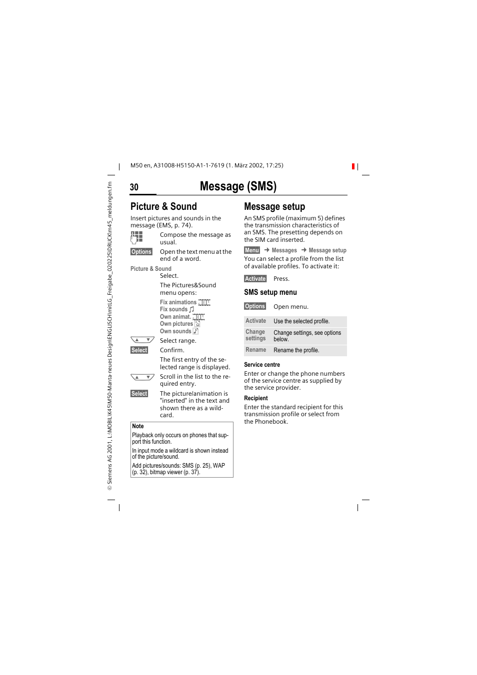 Message (sms), Picture & sound, Message setup | Siemens M50 User Manual | Page 32 / 96