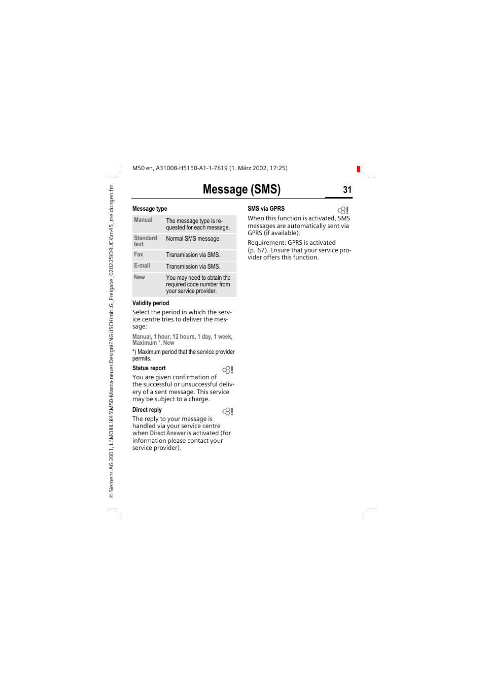 Message (sms) | Siemens M50 User Manual | Page 33 / 96