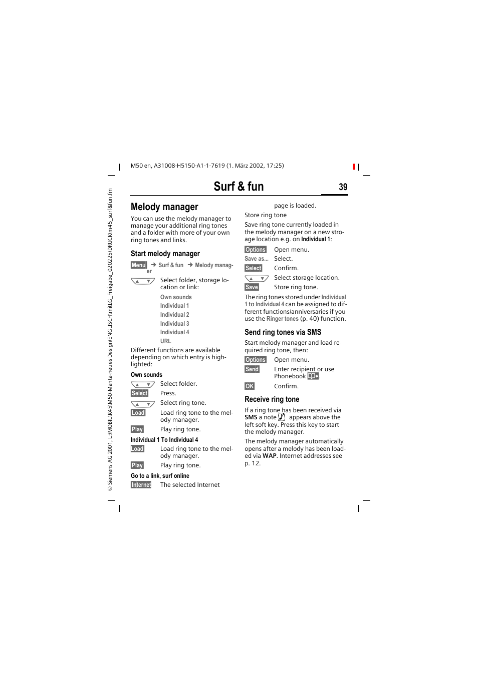 Surf & fun, Melody manager | Siemens M50 User Manual | Page 41 / 96