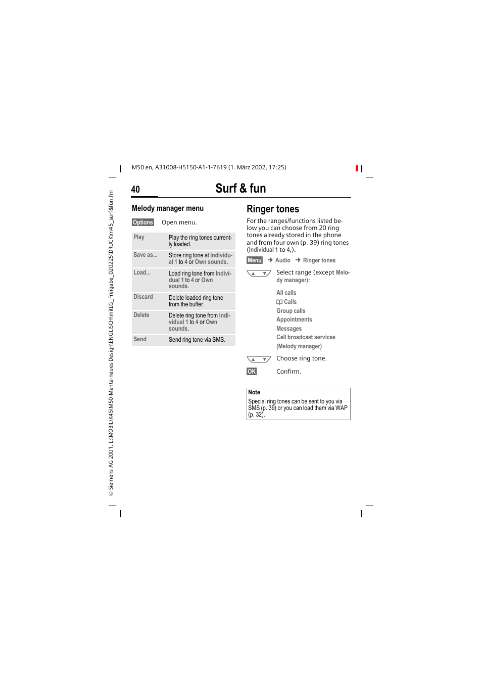 Surf & fun, Ringer tones | Siemens M50 User Manual | Page 42 / 96