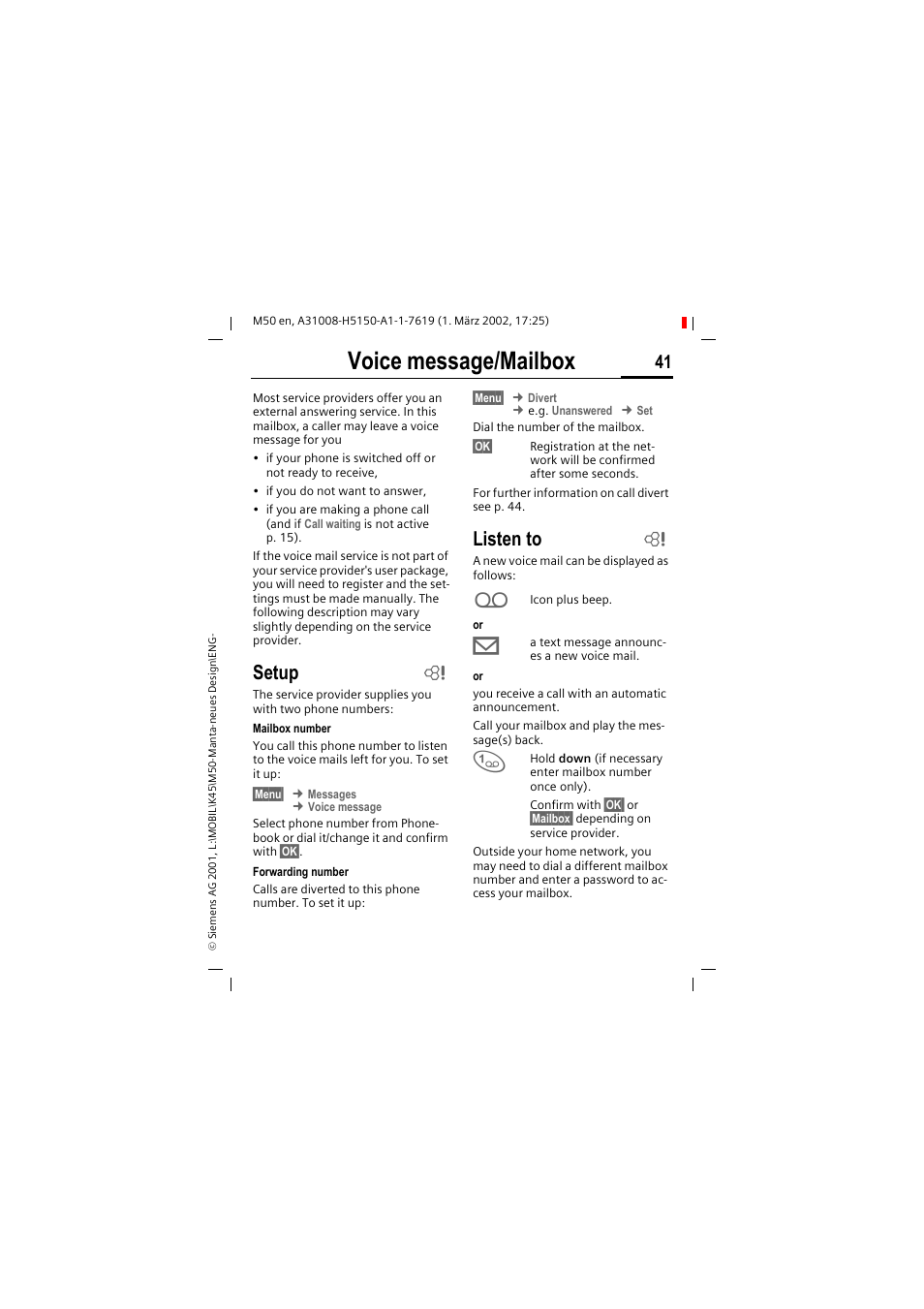 Voice message/mailbox, Setup, Listen to | Siemens M50 User Manual | Page 43 / 96