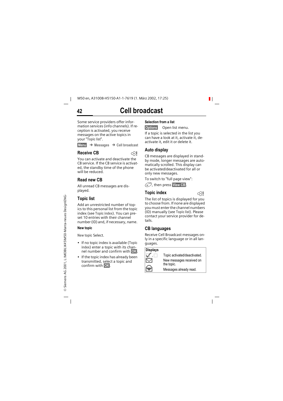 Cell broadcast | Siemens M50 User Manual | Page 44 / 96