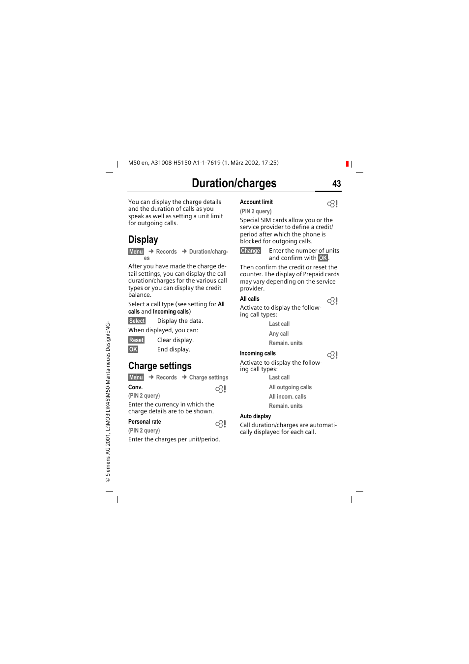 Duration/charges, Display, Charge settings | Siemens M50 User Manual | Page 45 / 96