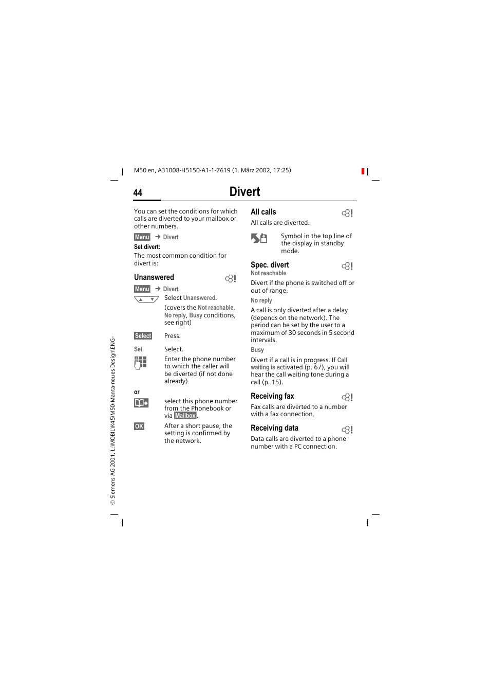 Divert | Siemens M50 User Manual | Page 46 / 96