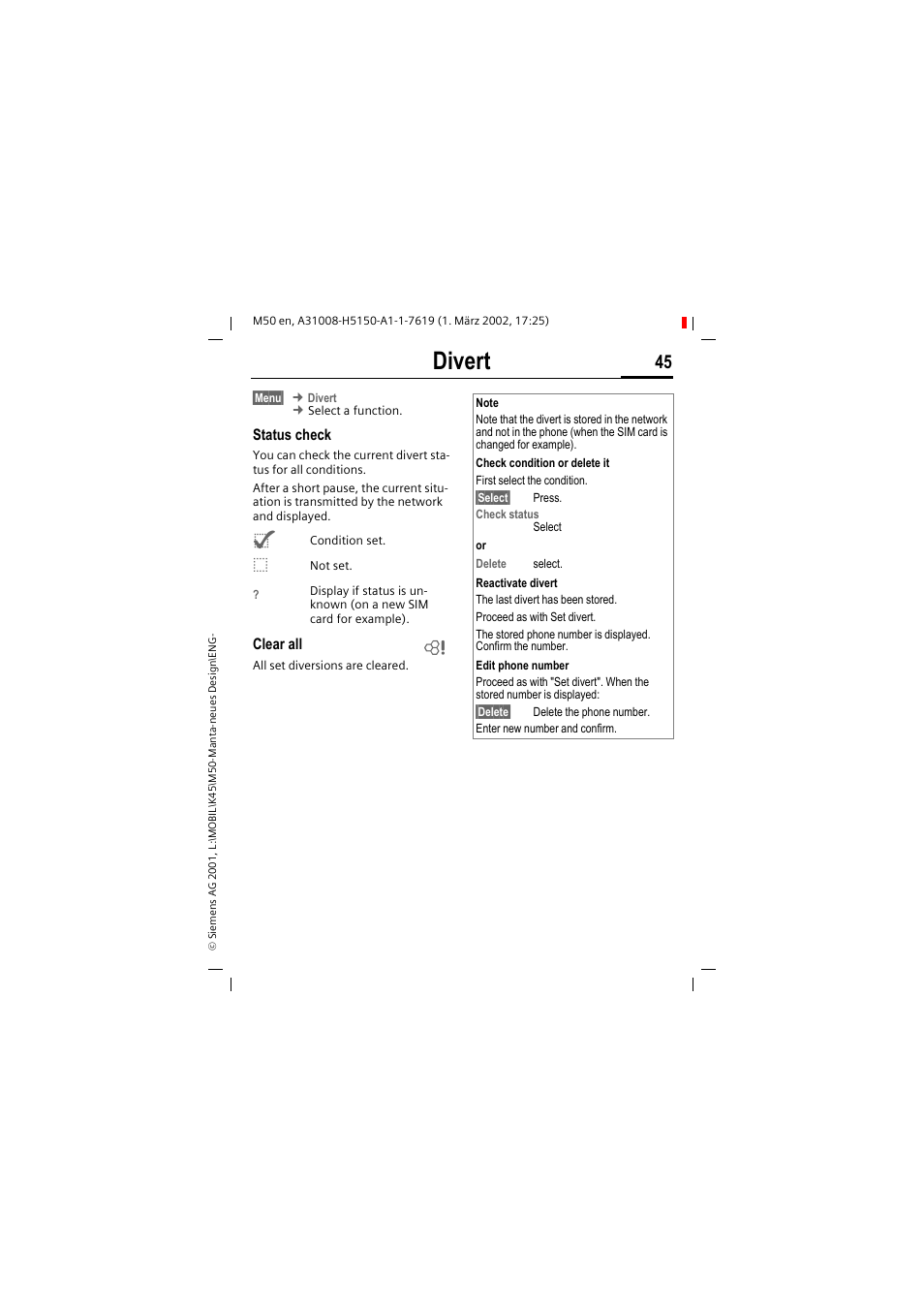 Divert | Siemens M50 User Manual | Page 47 / 96