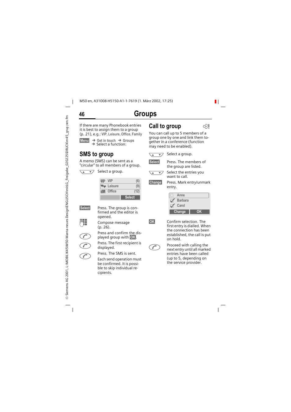 Groups, Sms to group, Call to group | Siemens M50 User Manual | Page 48 / 96