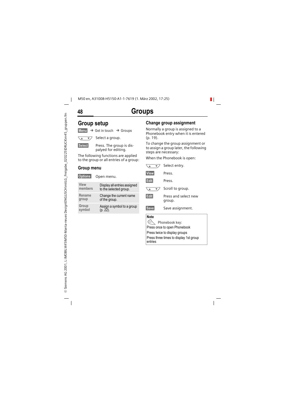 Groups, Group setup | Siemens M50 User Manual | Page 50 / 96