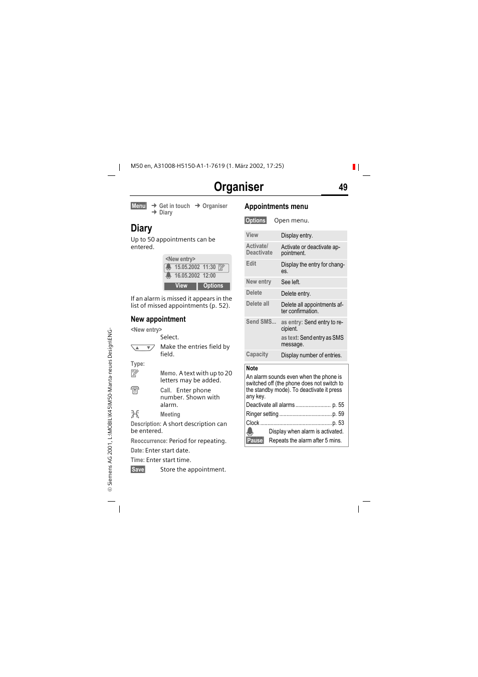 Organiser, Diary | Siemens M50 User Manual | Page 51 / 96