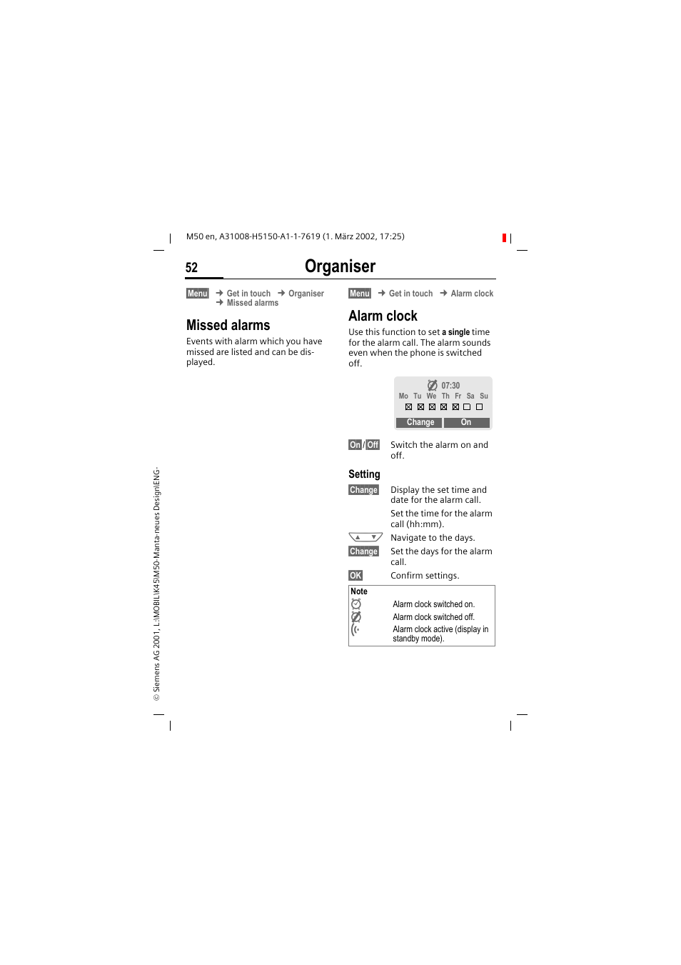 Organiser, Missed alarms, Alarm clock | Siemens M50 User Manual | Page 54 / 96