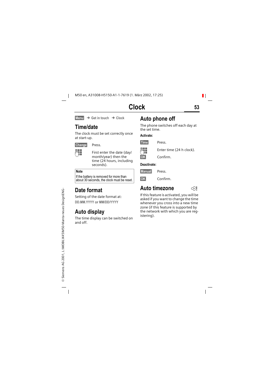 Clock, Time/date, Date format | Auto display, Auto phone off, Auto timezone | Siemens M50 User Manual | Page 55 / 96