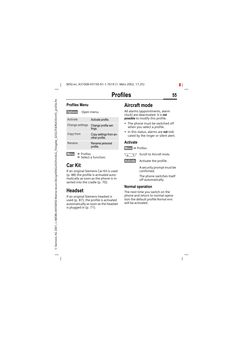 Profiles, Car kit, Headset | Aircraft mode | Siemens M50 User Manual | Page 57 / 96