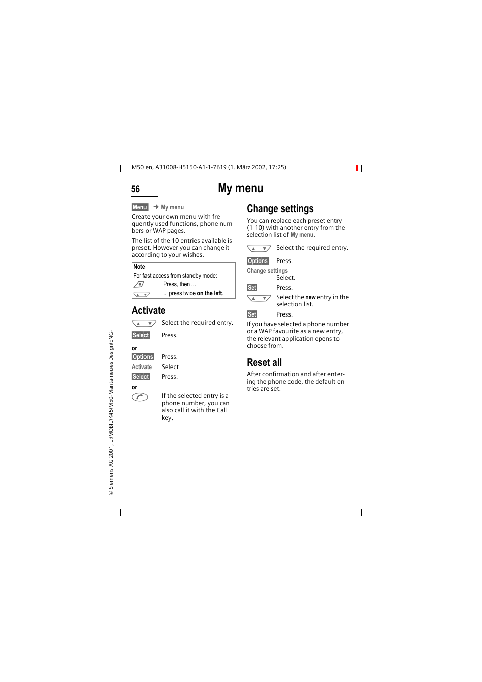 My menu, Activate, Change settings | Reset all | Siemens M50 User Manual | Page 58 / 96