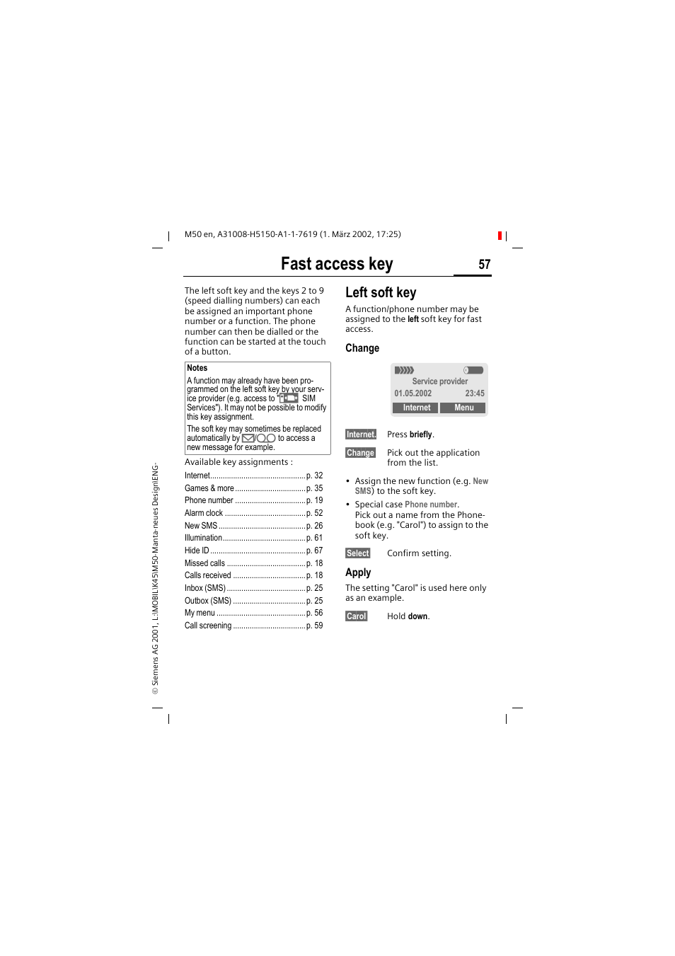 Fast access key, Left soft key | Siemens M50 User Manual | Page 59 / 96