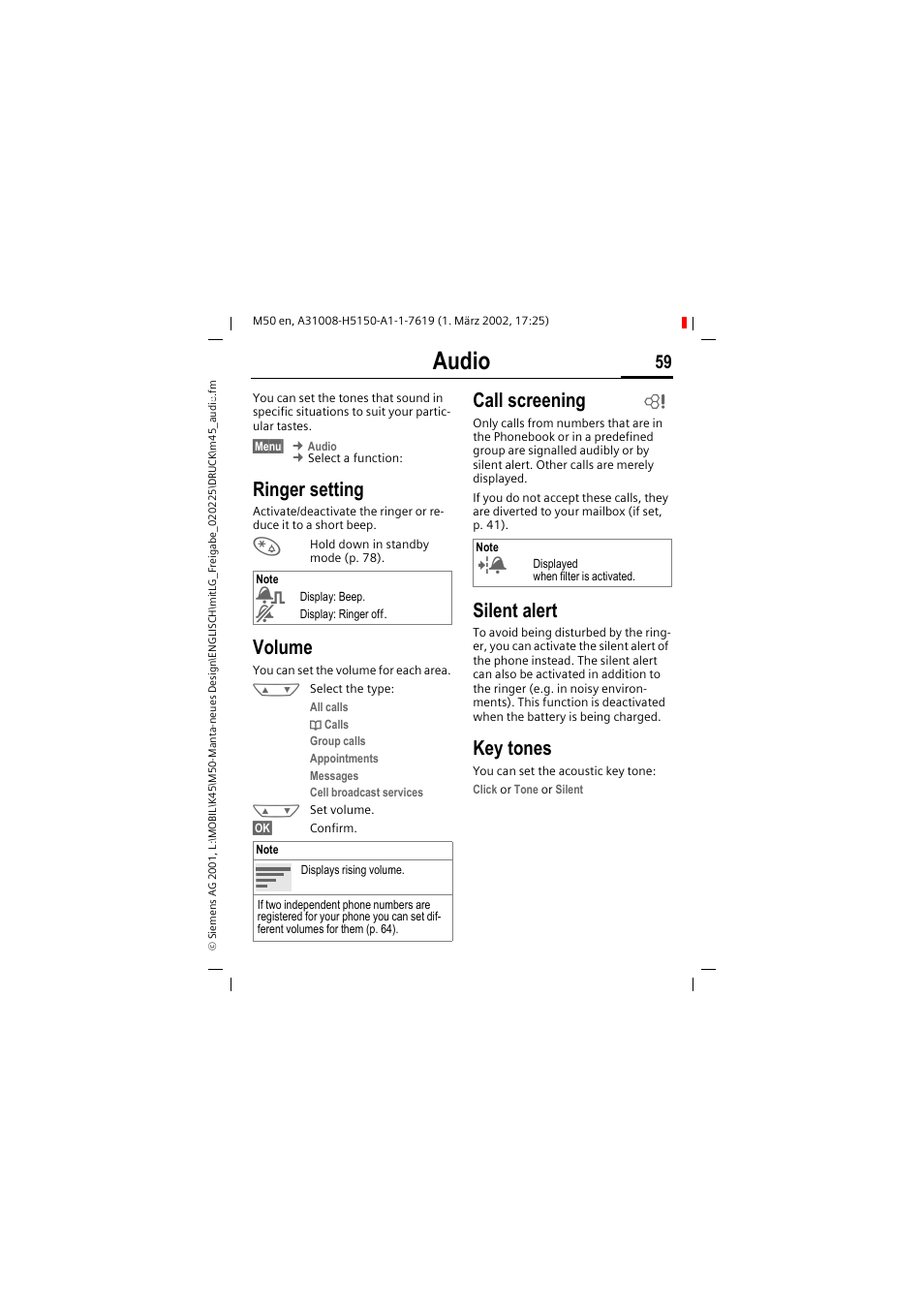 Audio, Ringer setting, Volume | Call screening, Silent alert, Key tones | Siemens M50 User Manual | Page 61 / 96