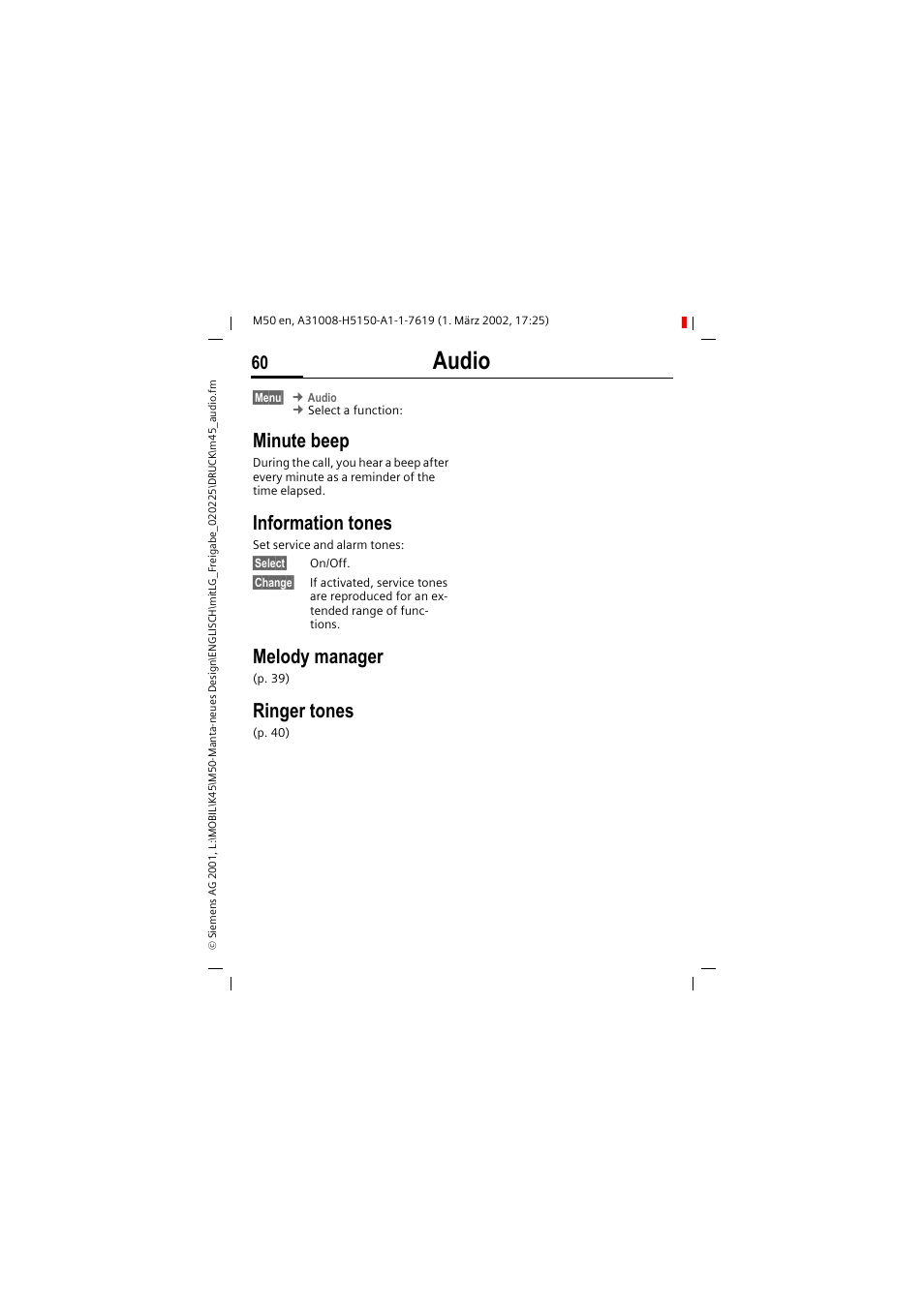 Audio, Minute beep, Information tones | Melody manager, Ringer tones | Siemens M50 User Manual | Page 62 / 96