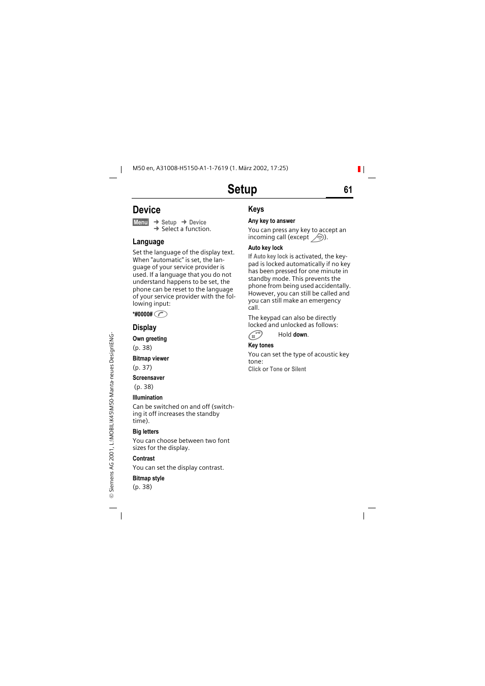 Setup, Device | Siemens M50 User Manual | Page 63 / 96