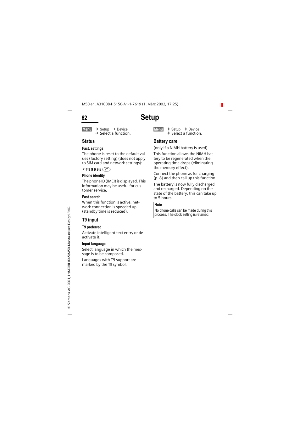 Setup | Siemens M50 User Manual | Page 64 / 96