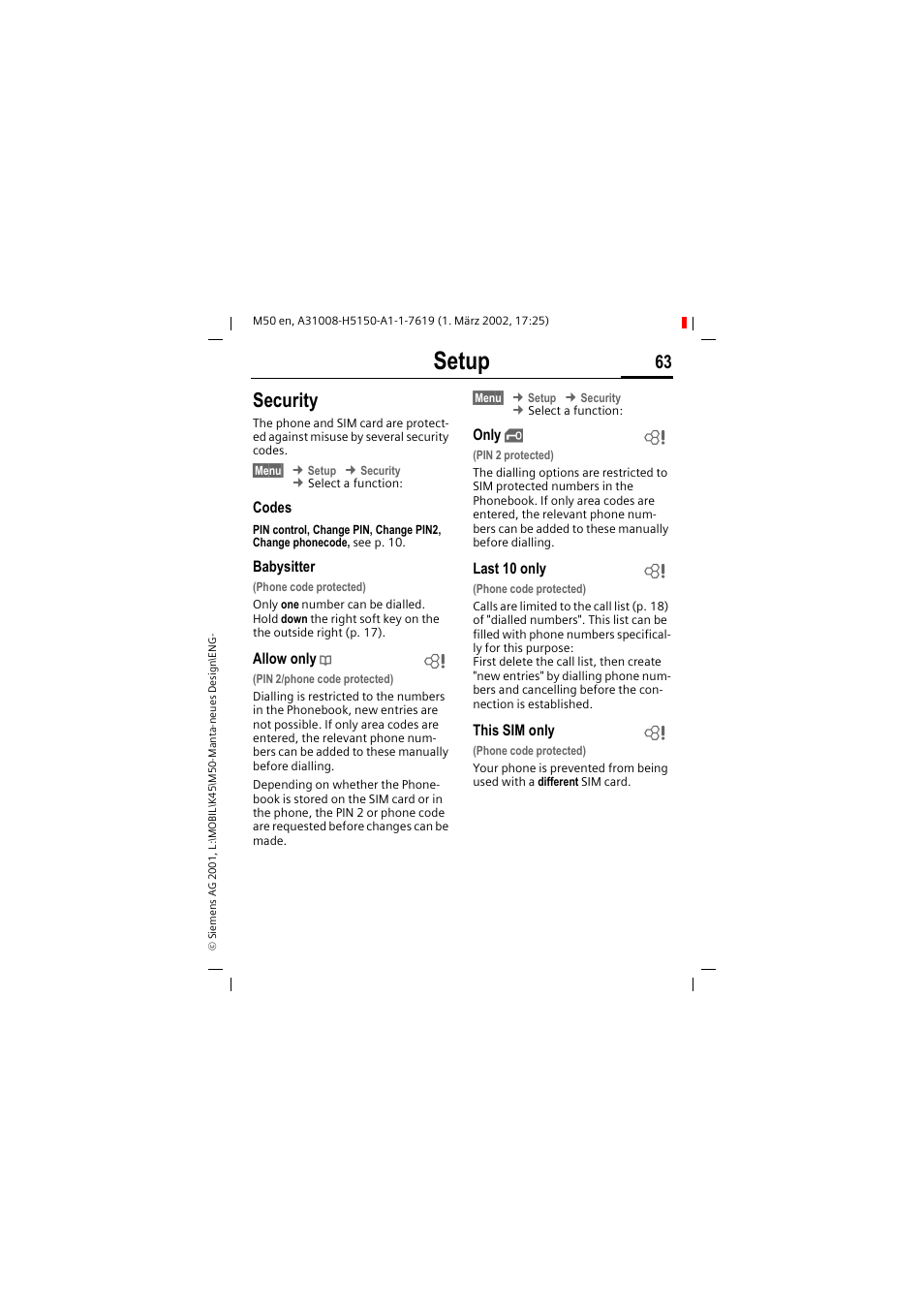 Setup, Security | Siemens M50 User Manual | Page 65 / 96