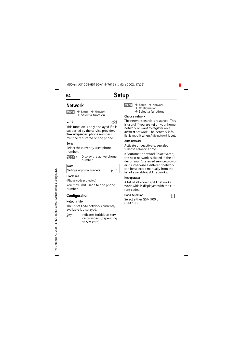 Setup, Network | Siemens M50 User Manual | Page 66 / 96