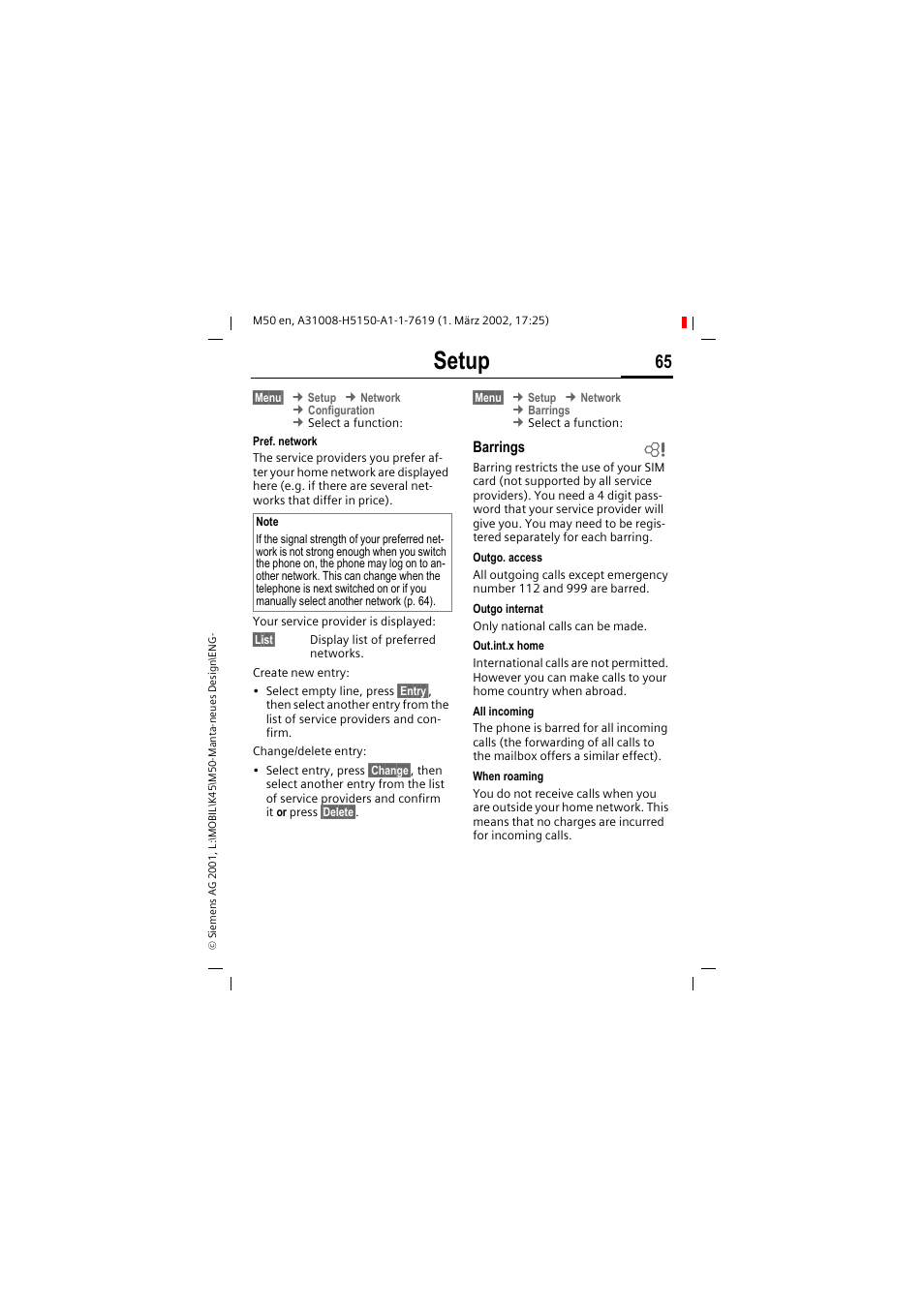 Setup | Siemens M50 User Manual | Page 67 / 96