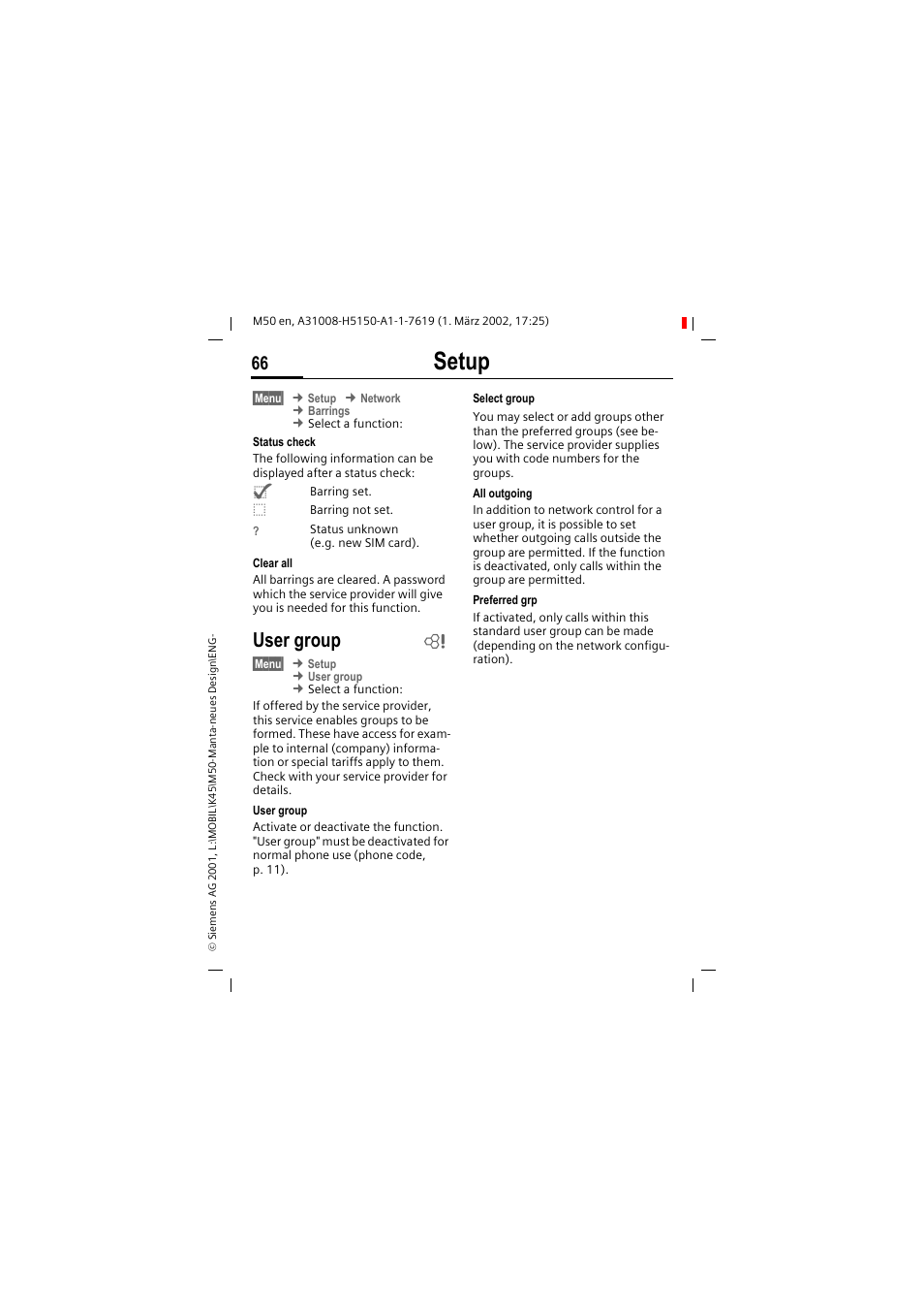 Setup, User group | Siemens M50 User Manual | Page 68 / 96