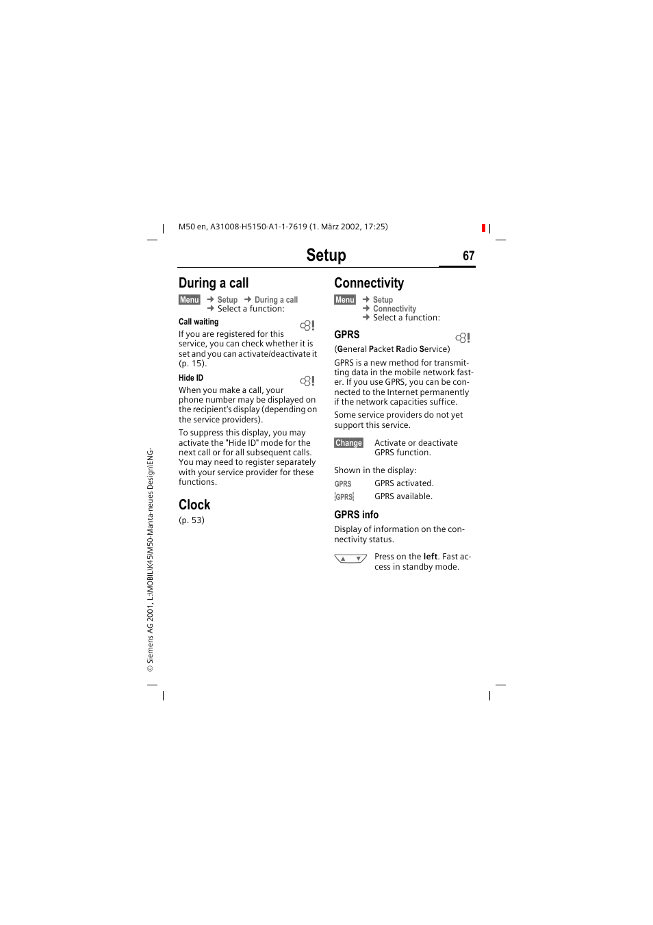 Setup, During a call, Clock | Connectivity | Siemens M50 User Manual | Page 69 / 96