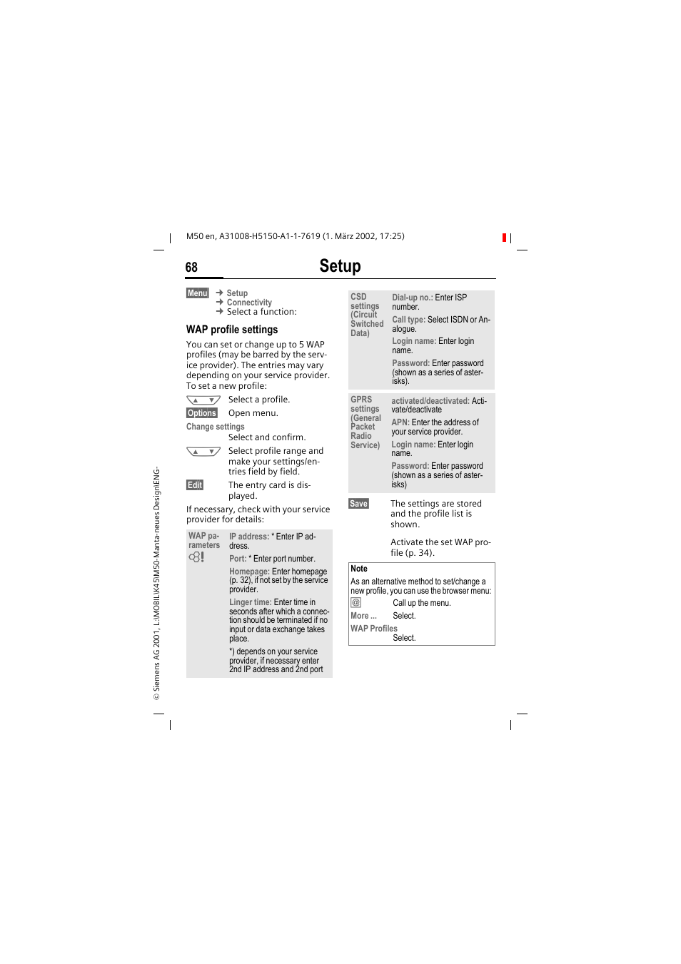 Setup | Siemens M50 User Manual | Page 70 / 96