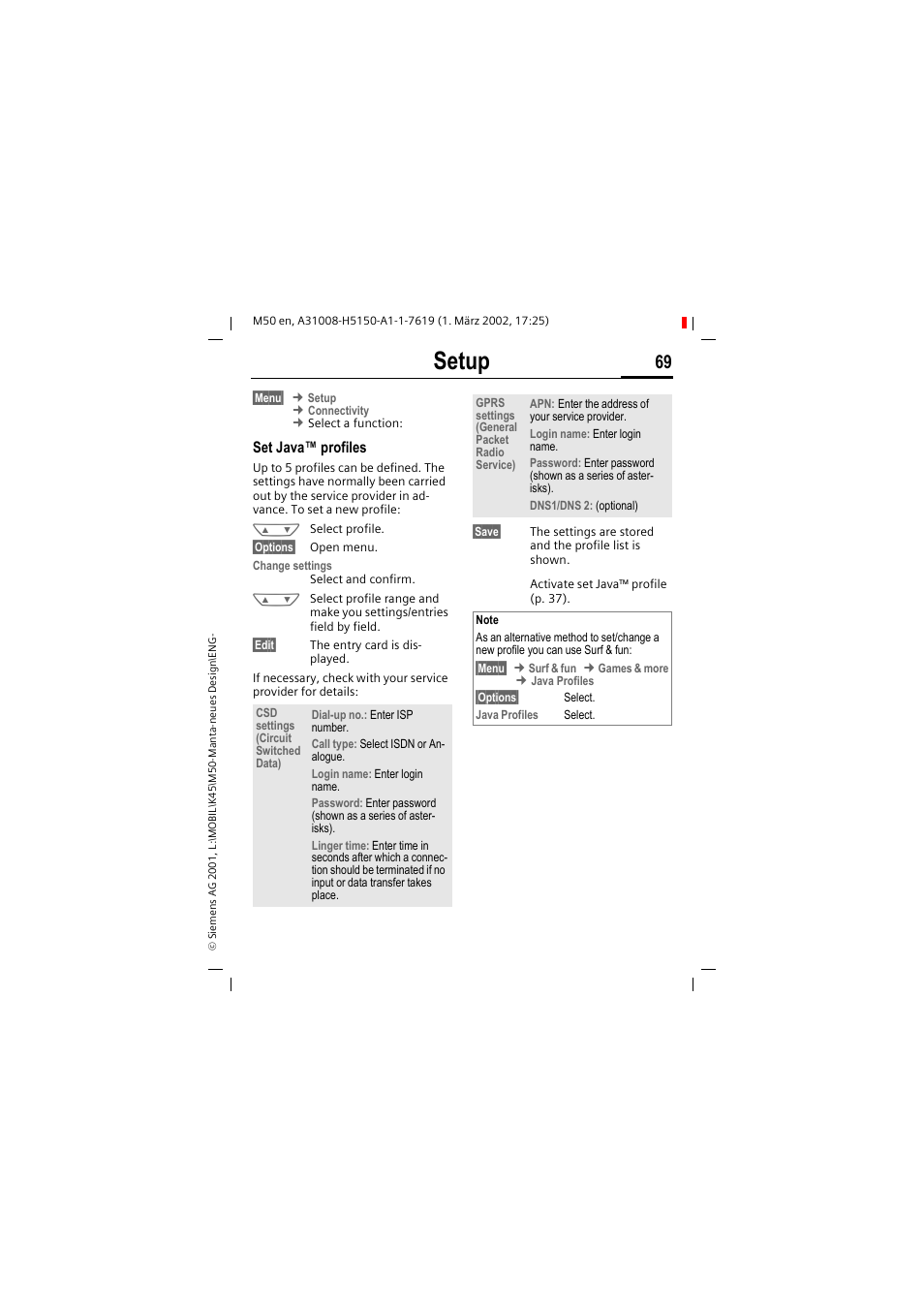 Setup | Siemens M50 User Manual | Page 71 / 96