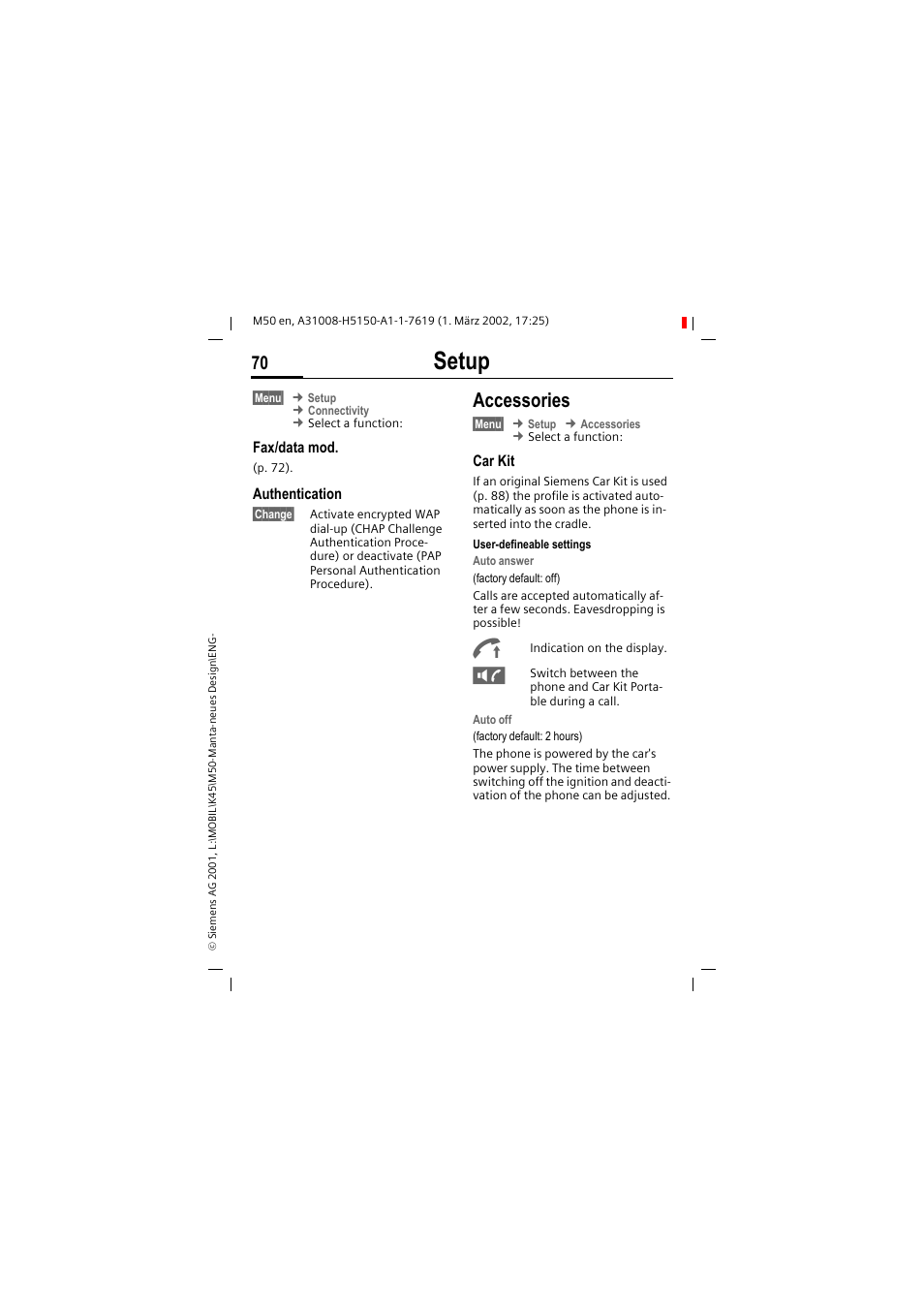 Setup, Accessories | Siemens M50 User Manual | Page 72 / 96