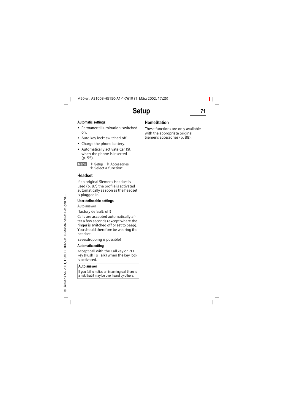 Setup | Siemens M50 User Manual | Page 73 / 96