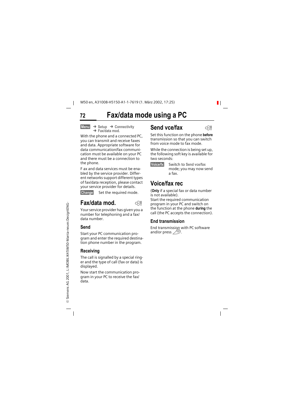 Fax/data mode using a pc, Fax/data mod, Send vce/fax | Voice/fax rec | Siemens M50 User Manual | Page 74 / 96