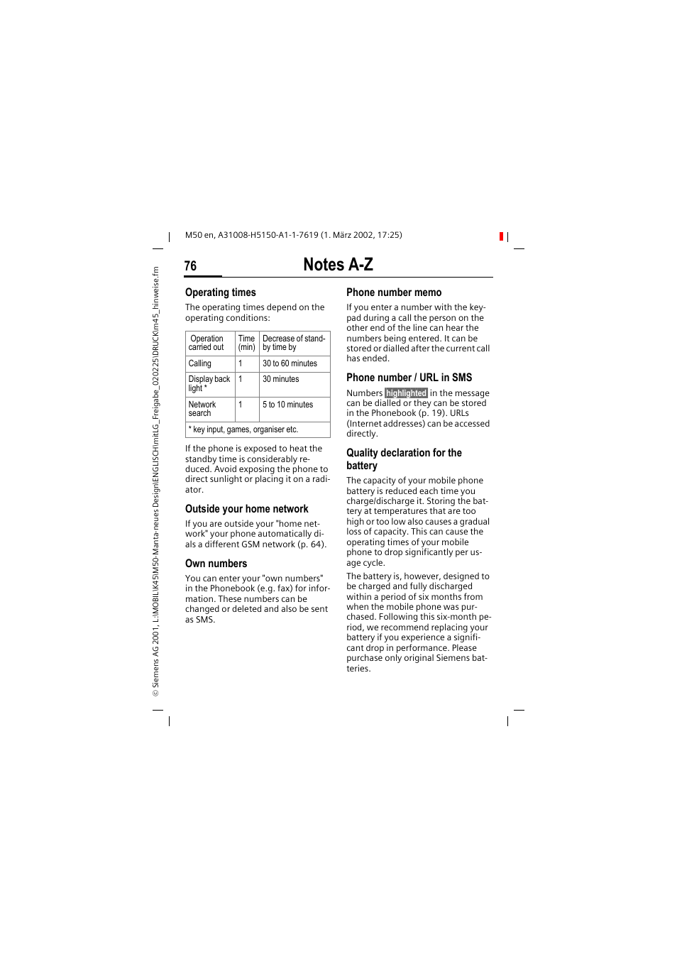 Siemens M50 User Manual | Page 78 / 96