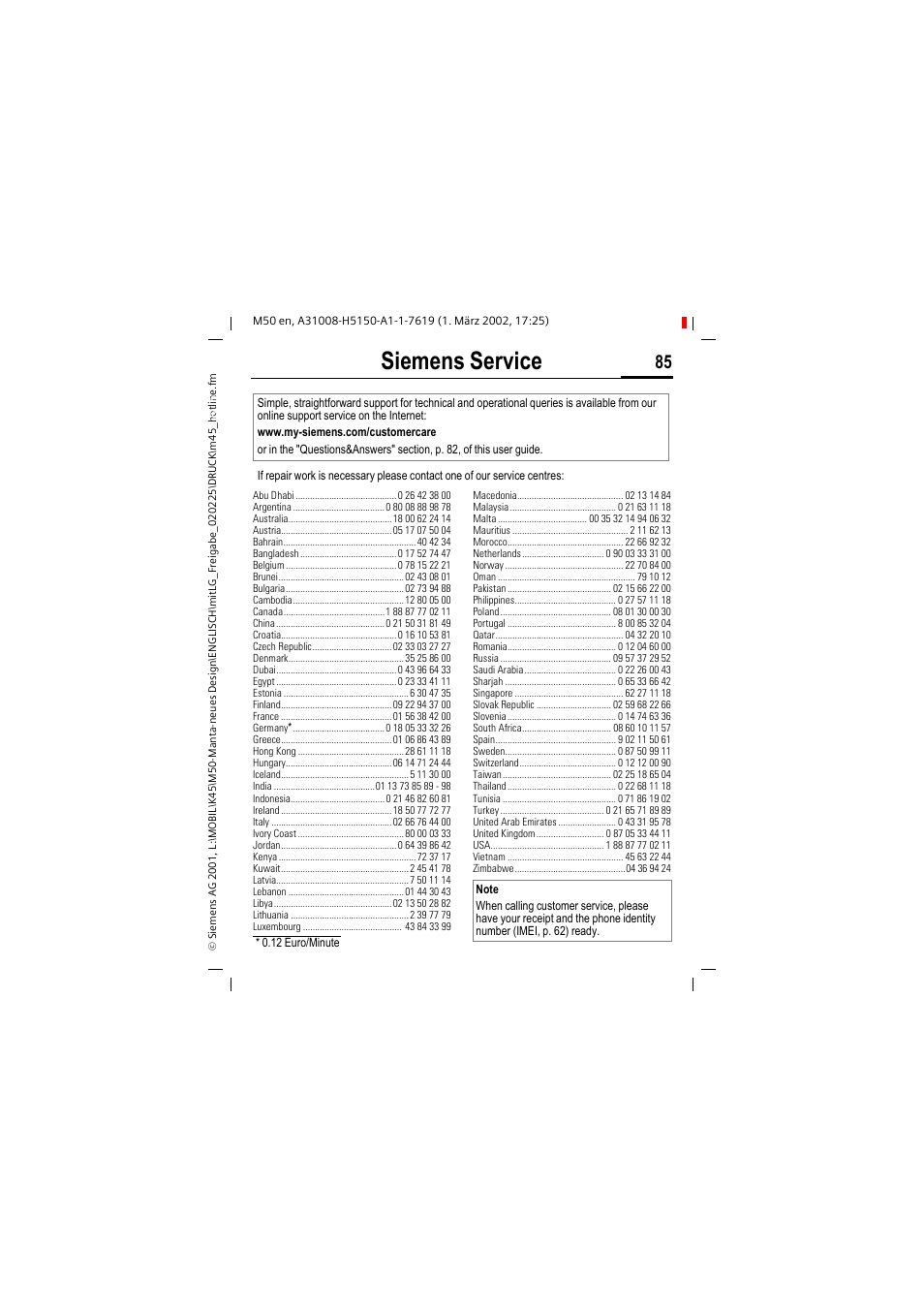 Siemens service | Siemens M50 User Manual | Page 87 / 96
