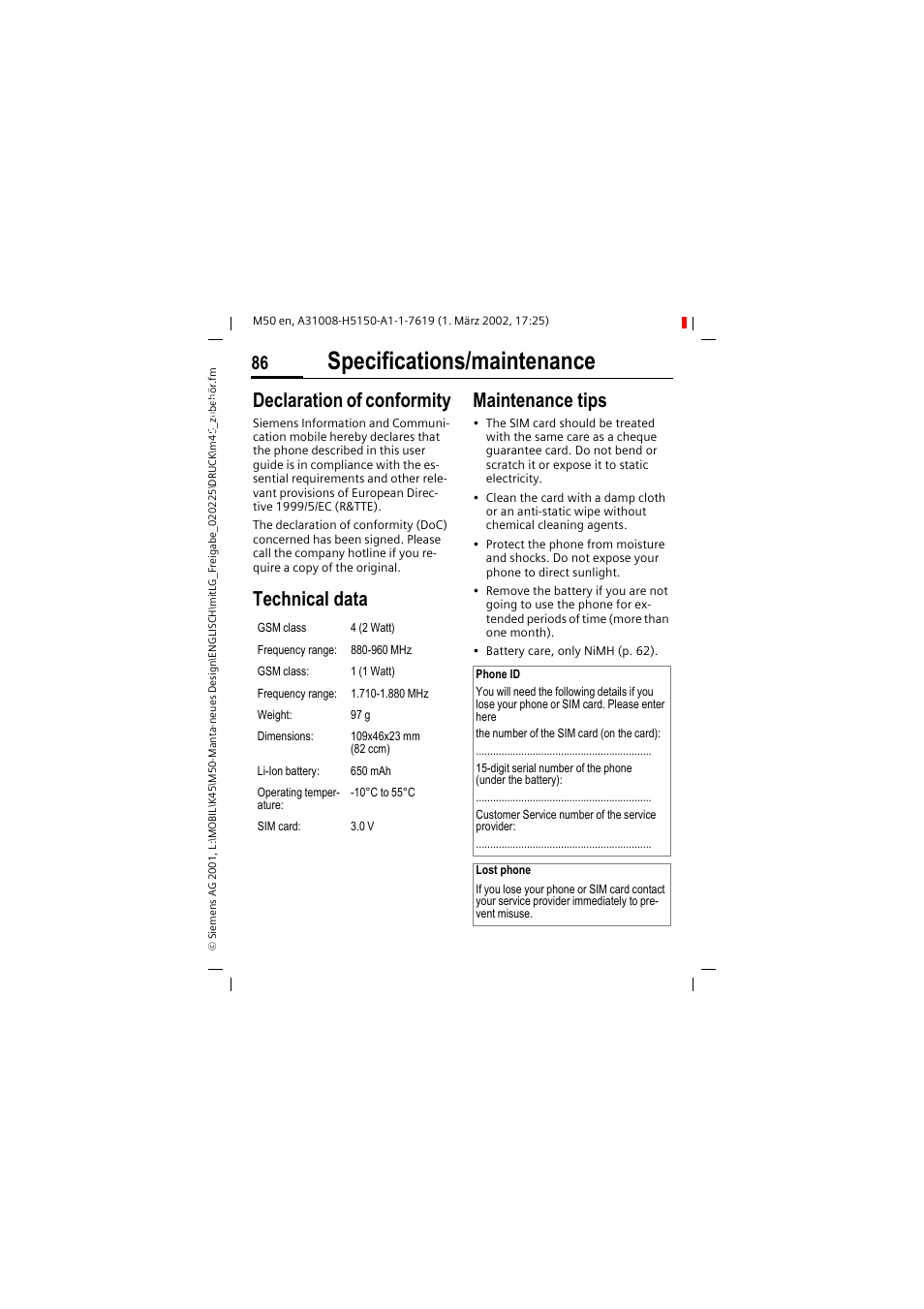 Specifications/maintenance, Declaration of conformity, Technical data maintenance tips | Siemens M50 User Manual | Page 88 / 96