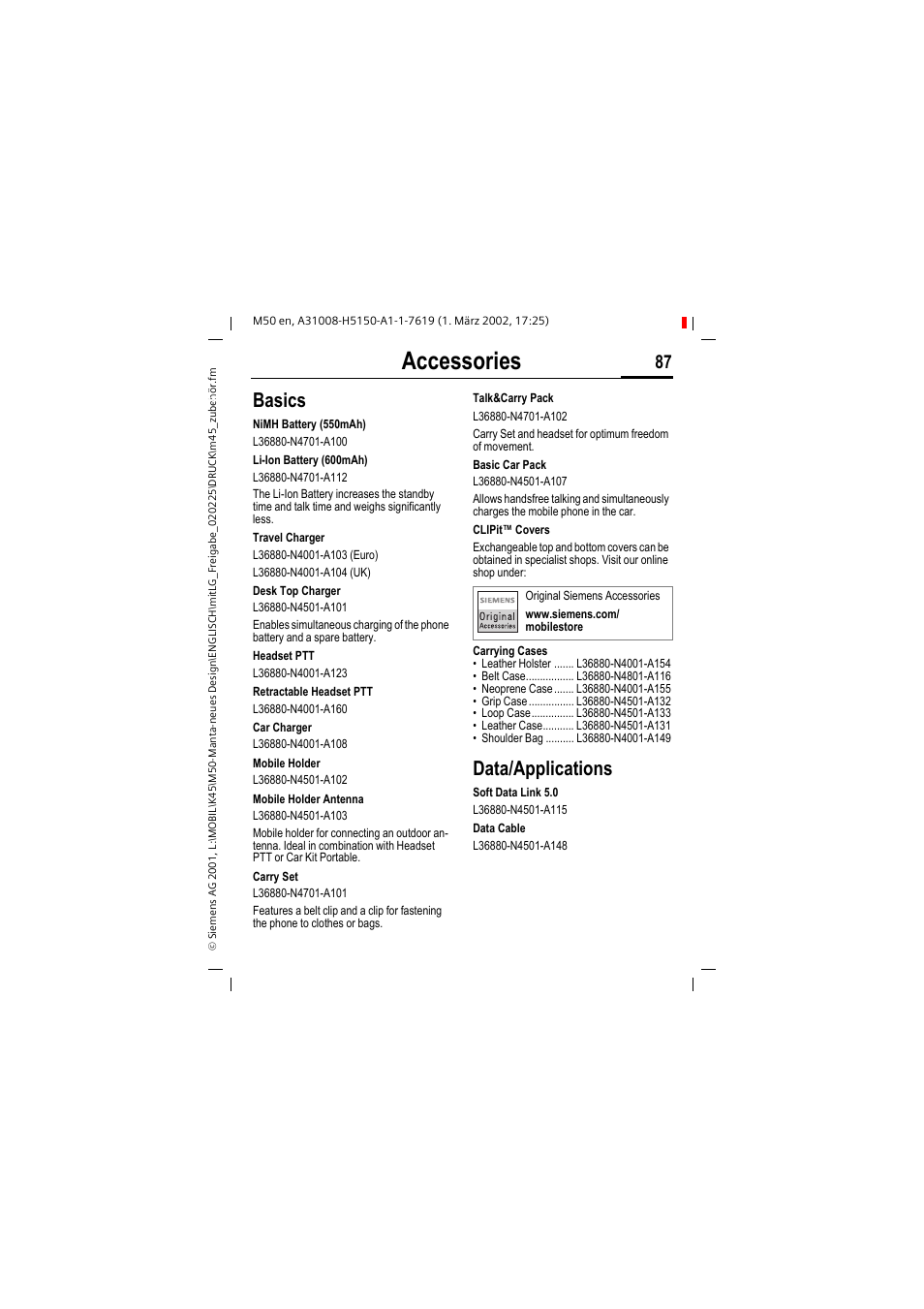 Accessories, Basics, Data/applications | Siemens M50 User Manual | Page 89 / 96