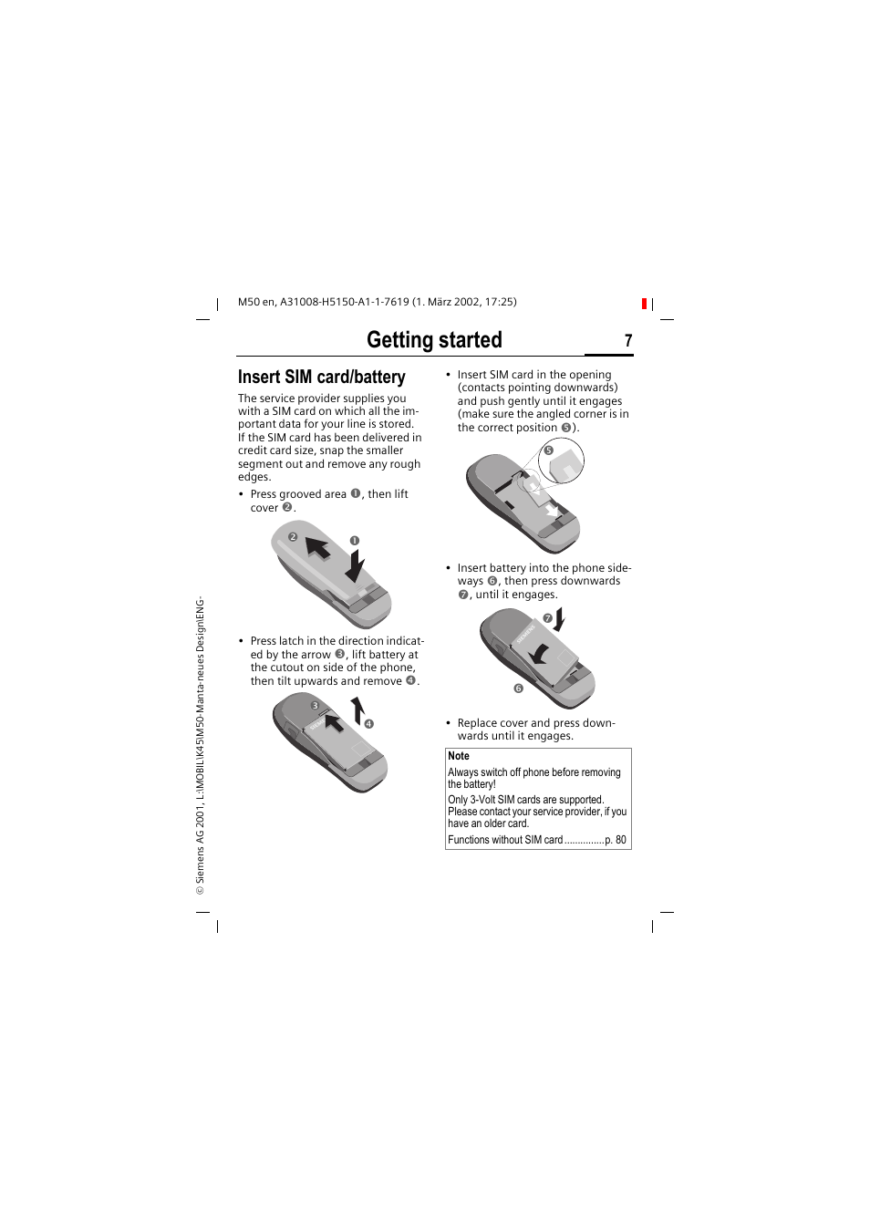 Getting started, Insert sim card/battery | Siemens M50 User Manual | Page 9 / 96