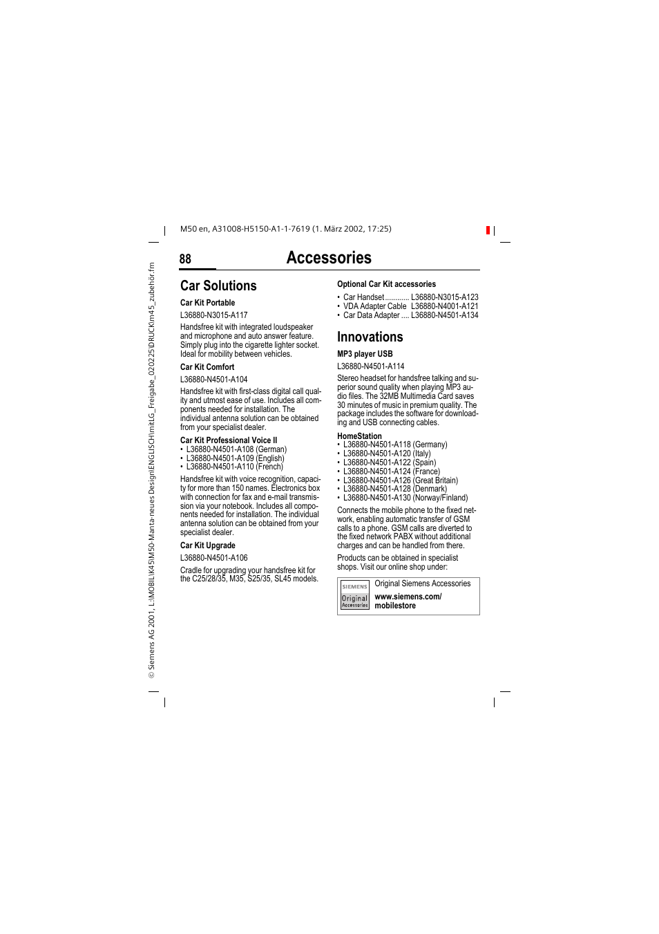 Accessories, Car solutions, Innovations | Siemens M50 User Manual | Page 90 / 96