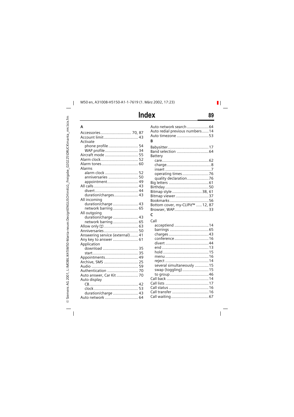 Index | Siemens M50 User Manual | Page 91 / 96